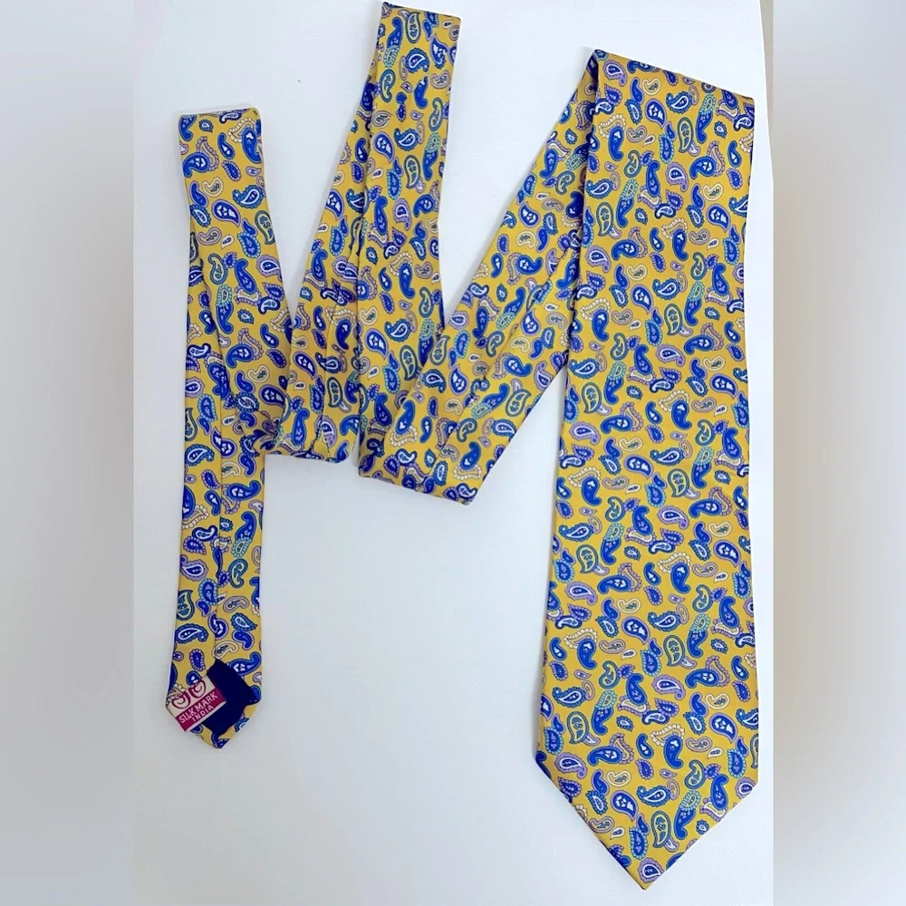 Cauvery Emporium Pure Silk Men’s Tie bright yellow colour vintage design in blue - Picture 1 of 5